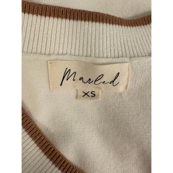 MARLED V-Neck Sweater White Long Sleeve Brown Trim Fall Minimalist | XS - Picture 7 of 7
